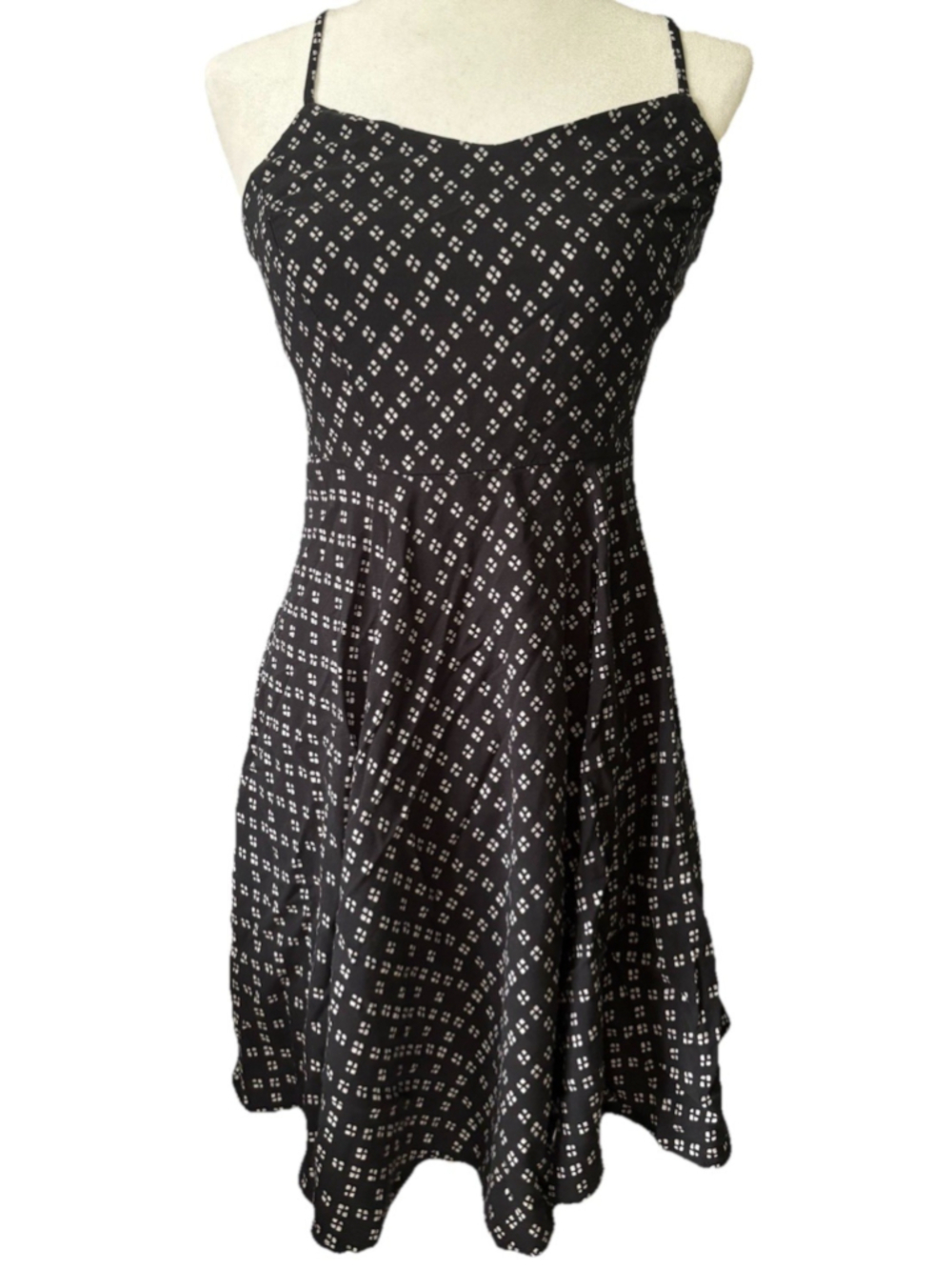 Fit & Flare Cami Dress Med Black/White Diamond Print Smocked Back Zip Rockabilly